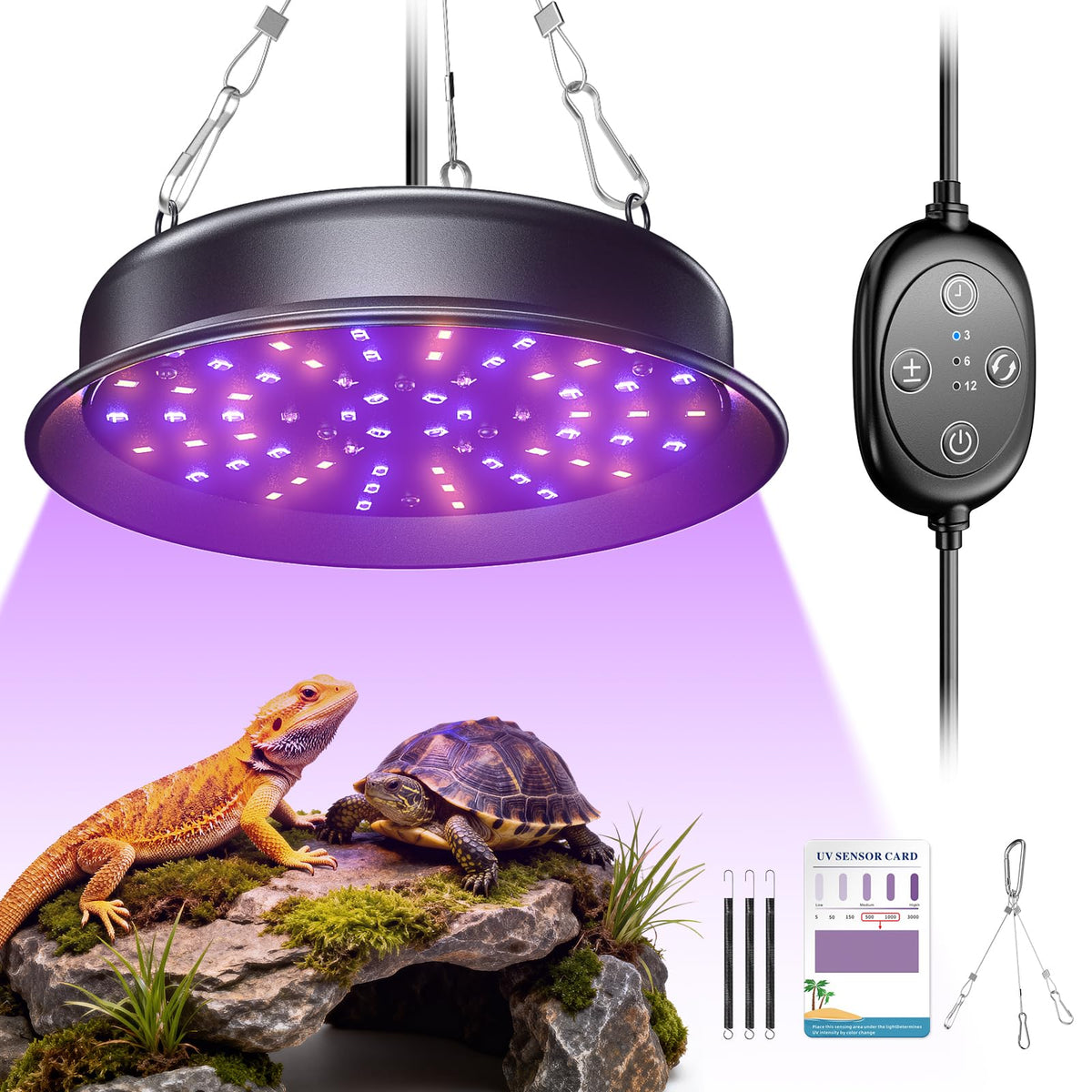TFNN Reptile Light front view demonstrating full spectrum and UVB modes for bright habitat lighting.