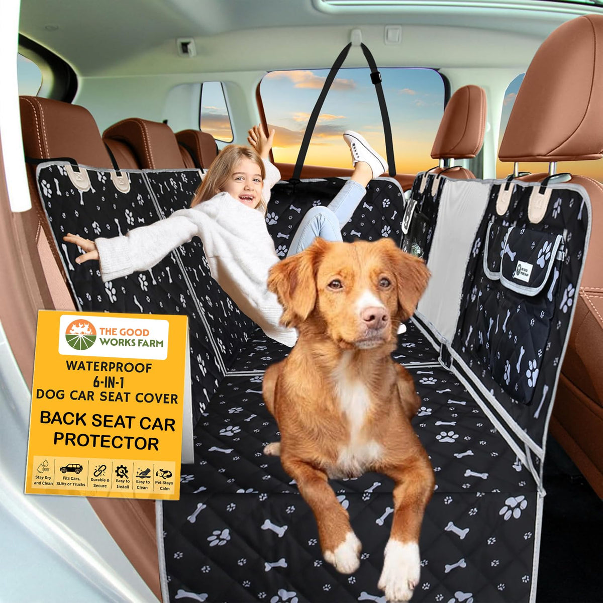 The Good Works Farm TGWF dog seat cover 60-40 split back seat shields spills.