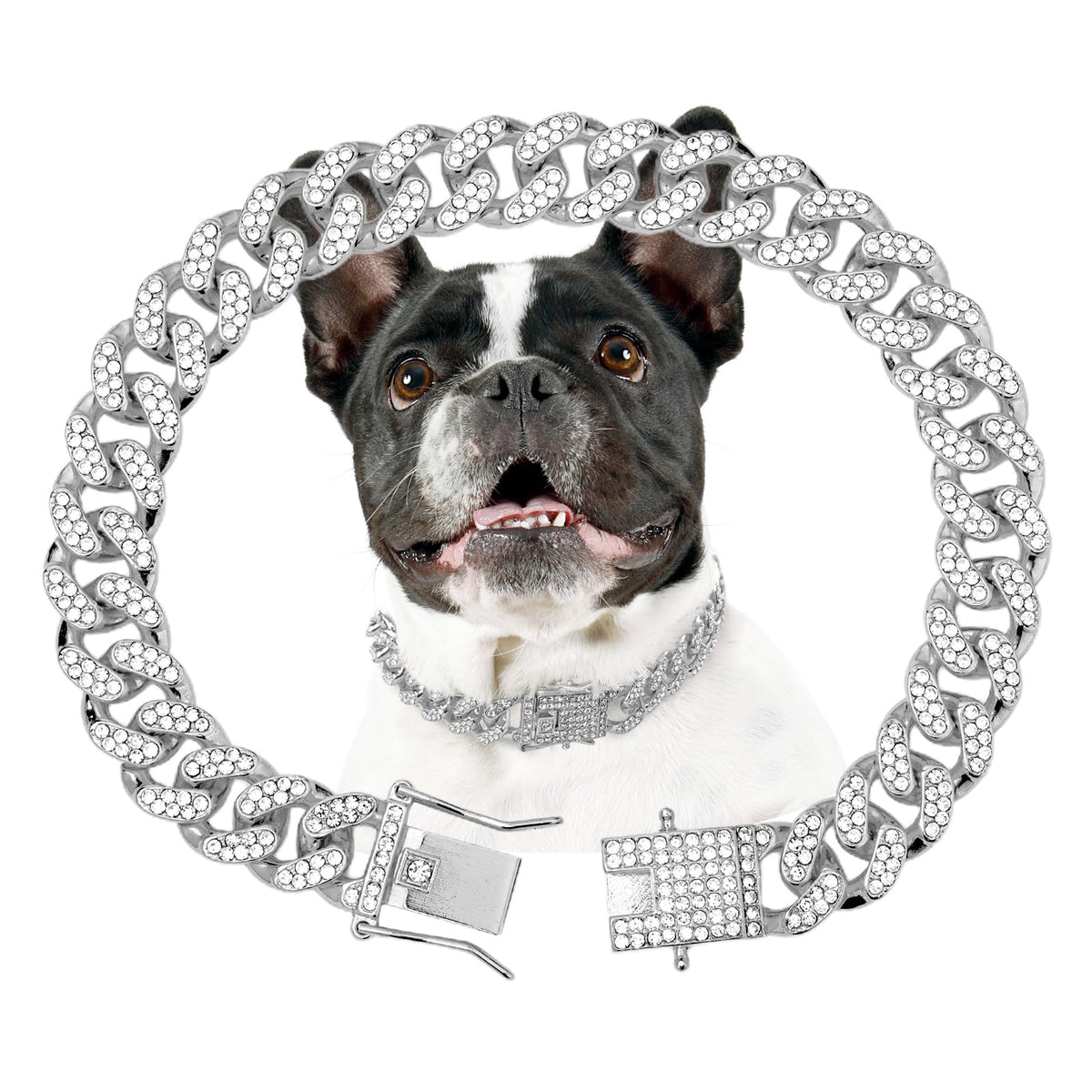 THAMIAO dog chain collar silver 20in closeup shows durable zinc alloy and zirconia stones.