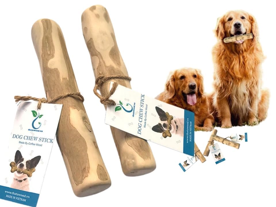 THATUWOOD Coffee Wood Dog Chew Stick in use with dog chewing during play