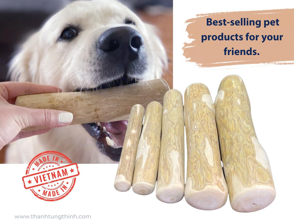THATUWOOD Coffee Wood Dog Chew Stick natural wood grain detail signals sturdy material.