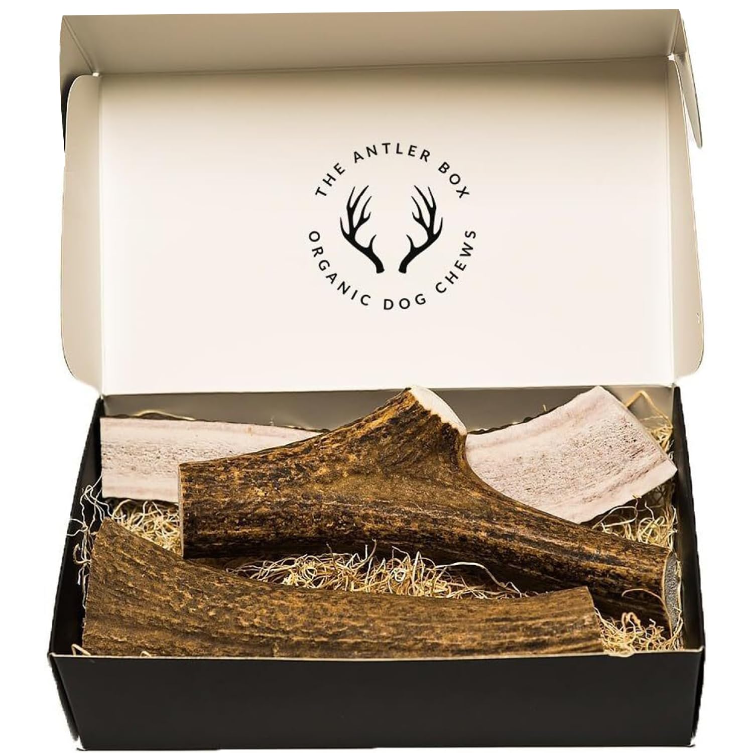 The Antler Box elk antler chews, whole and split pieces, for varied chewing sessions.