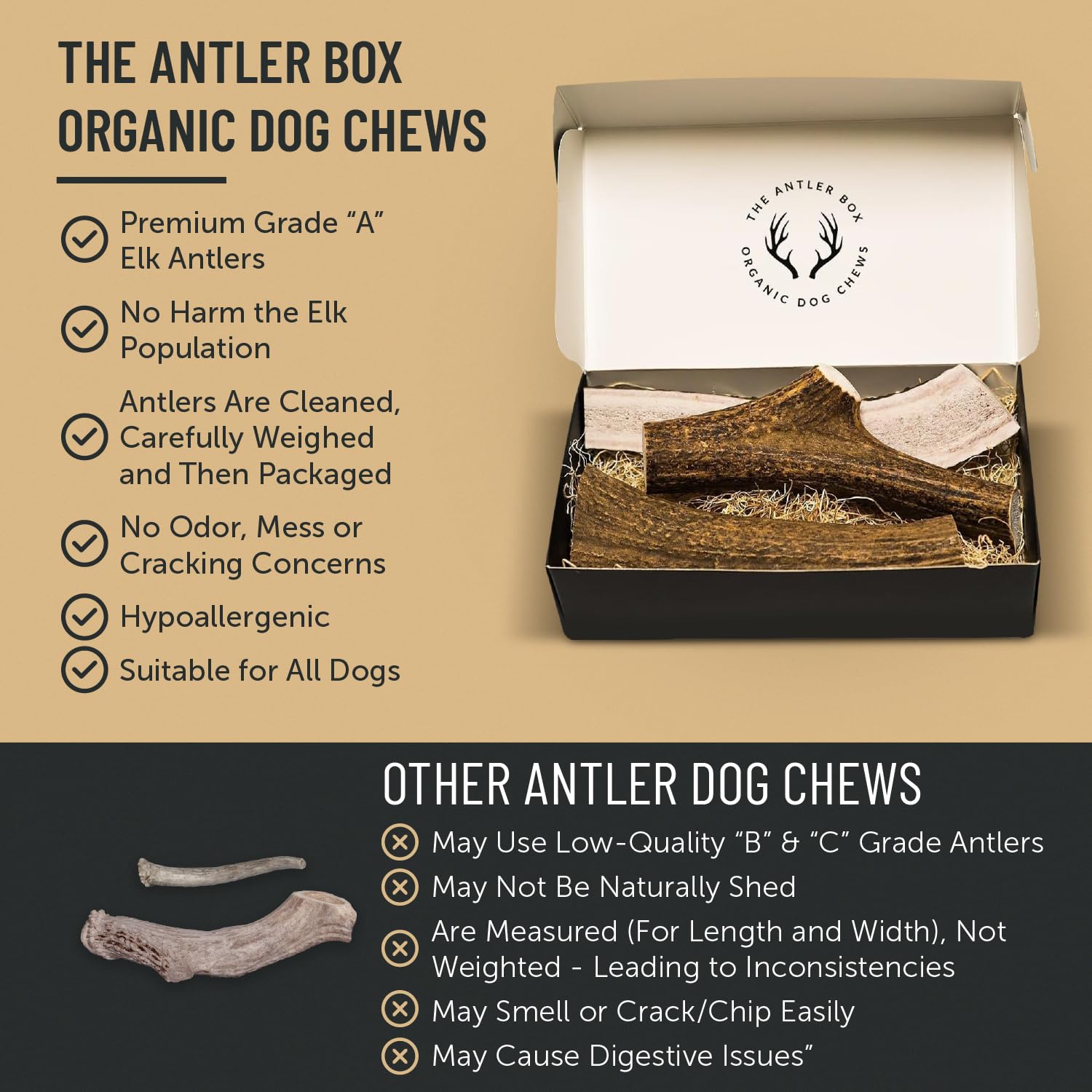 The Antler Box packaging label highlights natural shed elk sourcing.