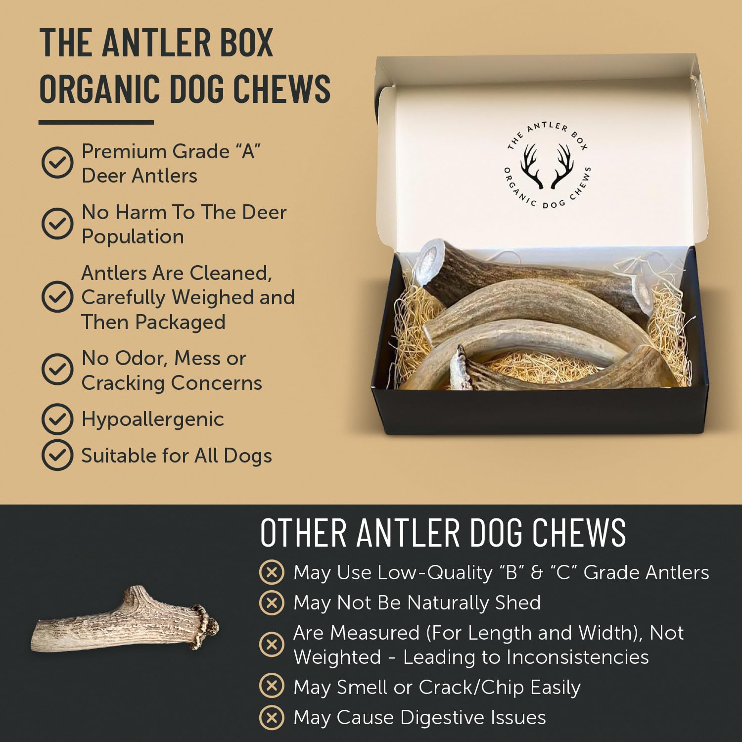 The Antler Box satisfaction guarantee badge shown for purchase confidence