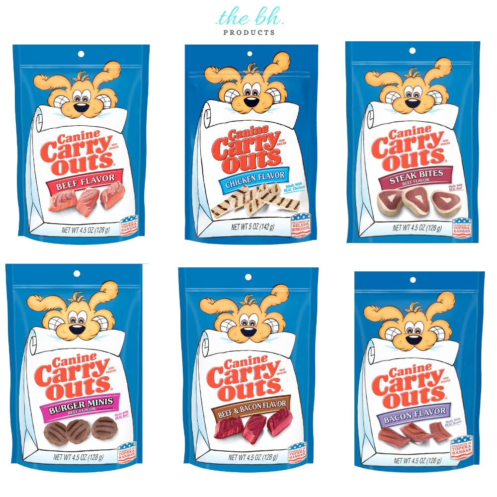 The BH Products Canine Carry Outs Variety 6 Pack image shows tasty training rewards for dogs.