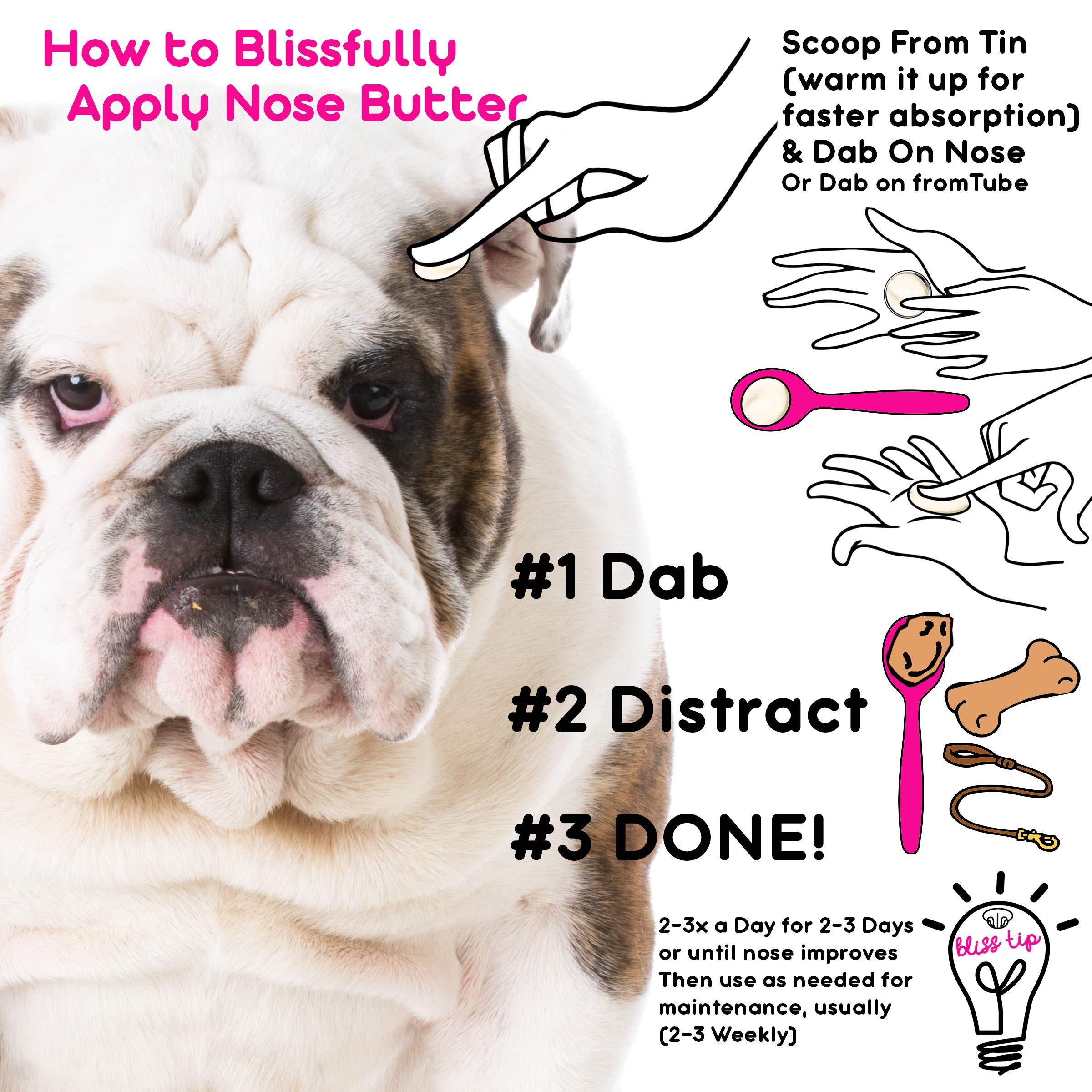 The Blissful Dog Bulldog Nose Butter ingredients highlight natural nourishers for sensitive noses.
