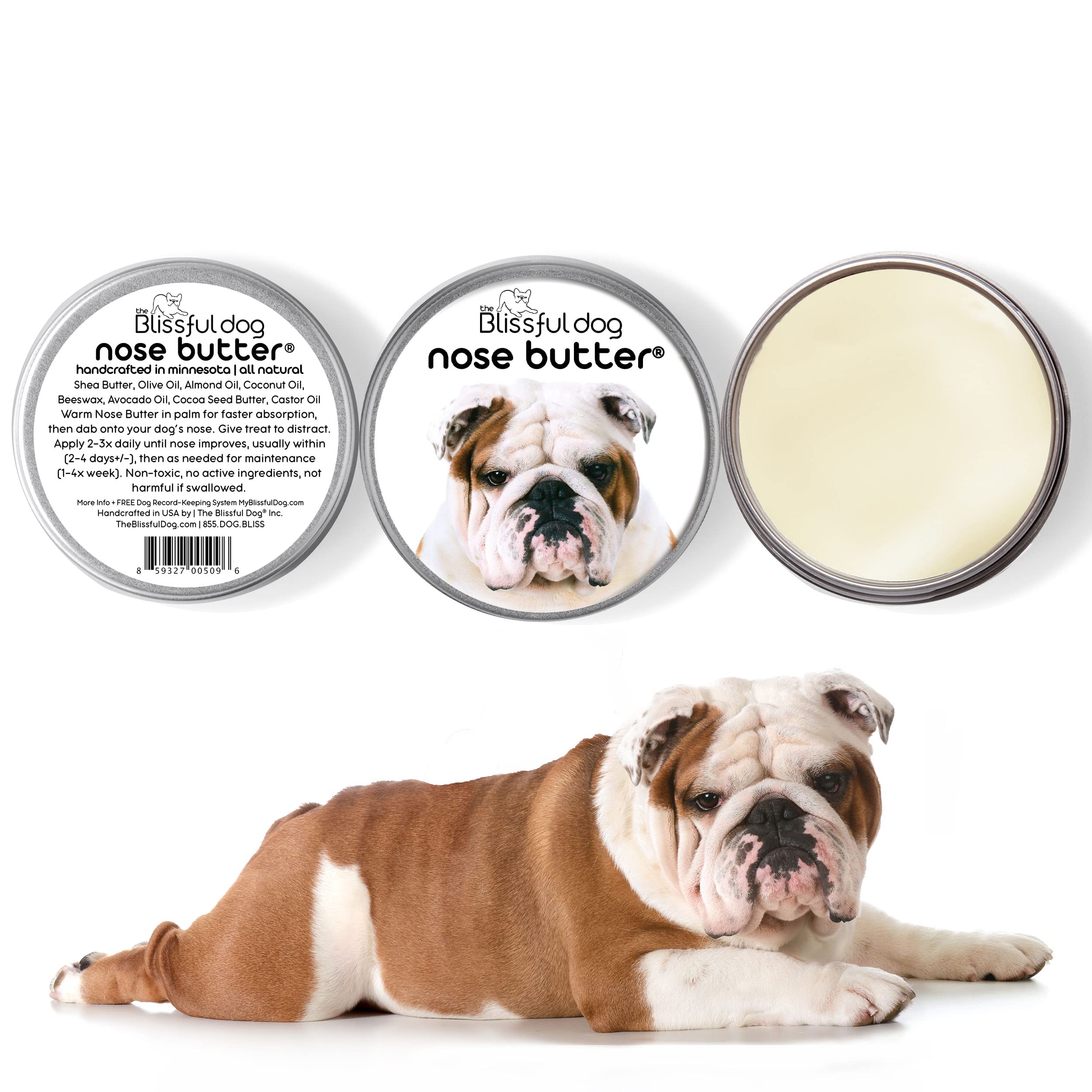 The Blissful Dog Bulldog Nose Butter jar close-up reveals creamy texture for immediate nose moisturization.