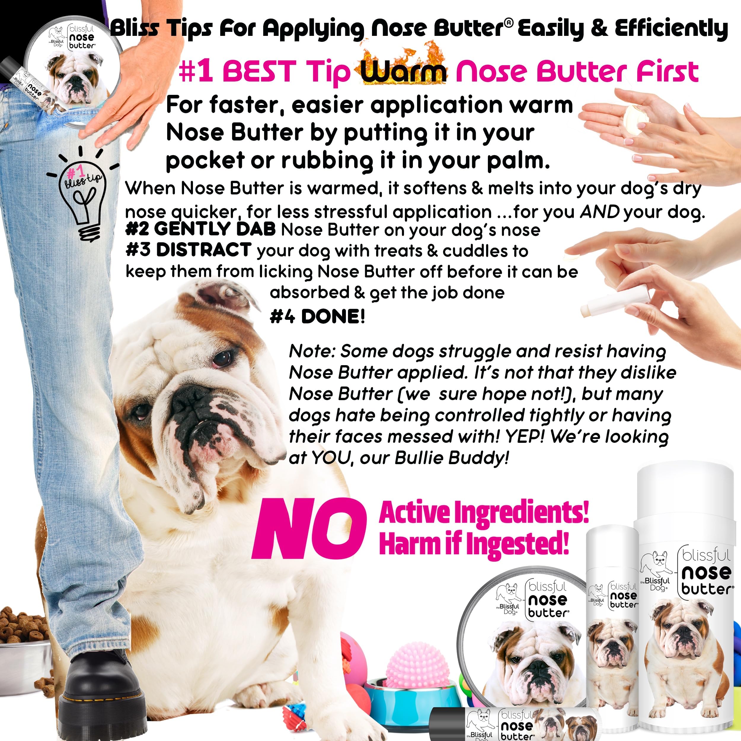 The Blissful Dog nose butter unscented packaging emphasizes safety