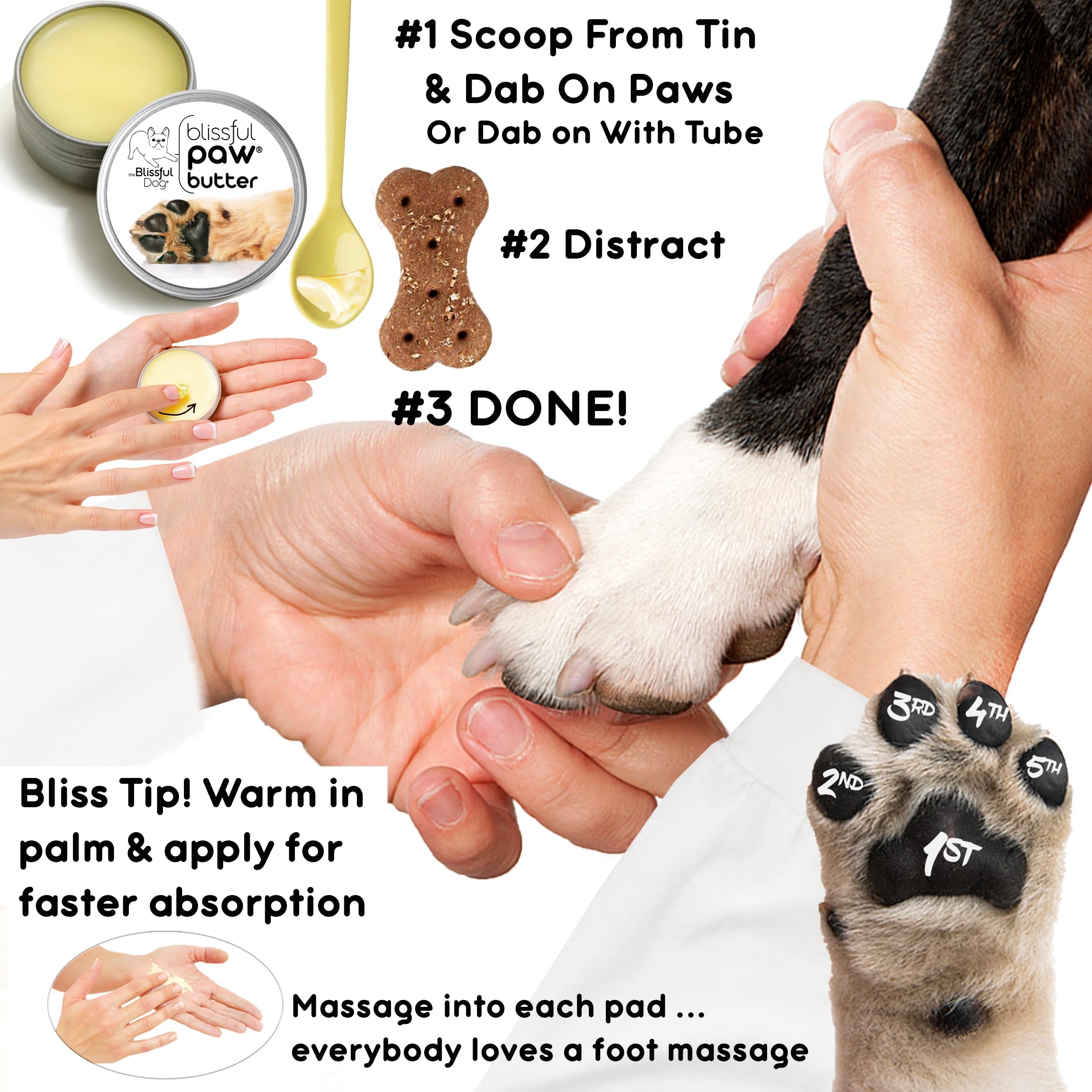 The Blissful Dog Paw Butter before-after sequence illustrates visible softness in paws.