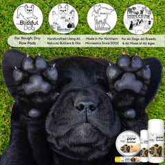 The Blissful Dog Paw Butter ingredients closeup highlights natural oils for nourished paw pads.