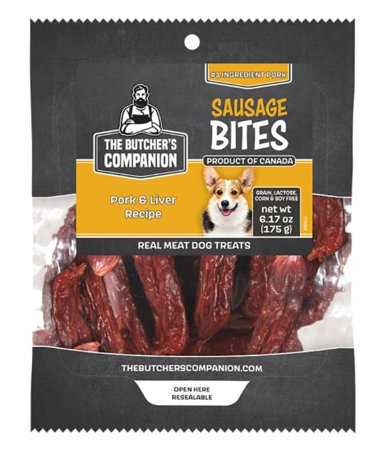 The Butcher's Companion Pork and Liver Sausage Bites packaging front, protein-rich training reward