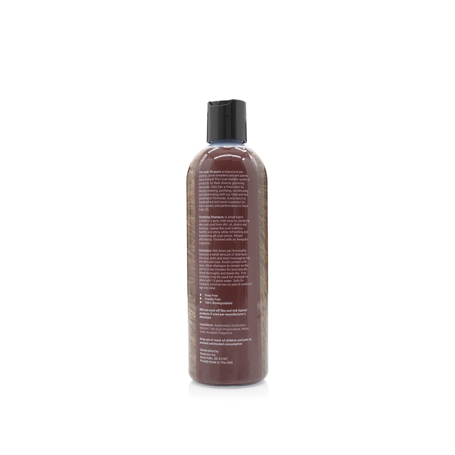The Coat Handler clarifying dog shampoo closeup label highlights natural ingredients and biodegradable formula