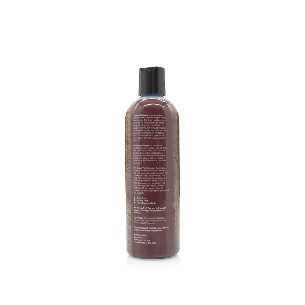 The Coat Handler clarifying dog shampoo closeup label highlights natural ingredients and biodegradable formula