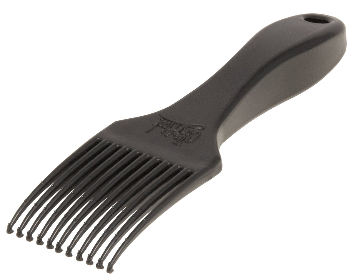 The CoatHook undercoat brush closeup shows gentle tines for safe deshedding.