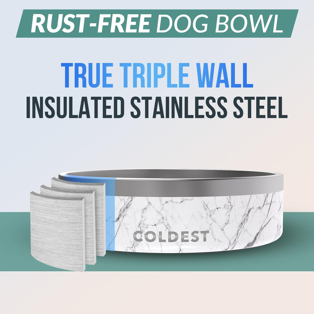 The Coldest Water Bowl triple-wall insulation maintains temperature and reduces moisture.