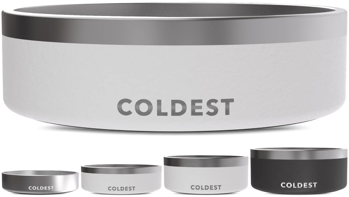 The Coldest Water dog bowl shows anti-rust metal finish for durability.