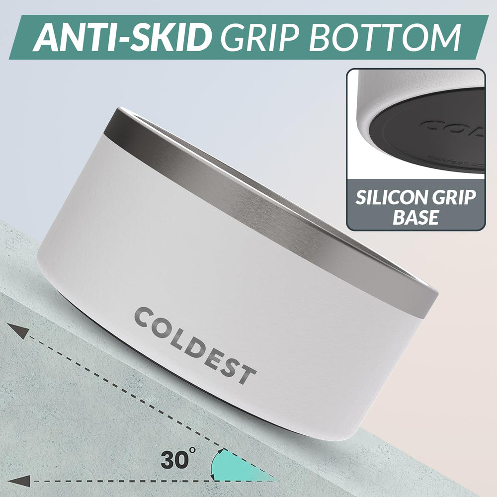 The Coldest Water dog bowl shows a non-slip base to prevent spills.