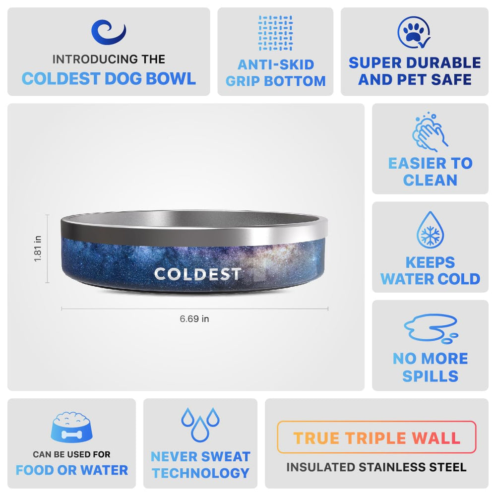 The Coldest Water spill-proof bowl helps prevent messes.
