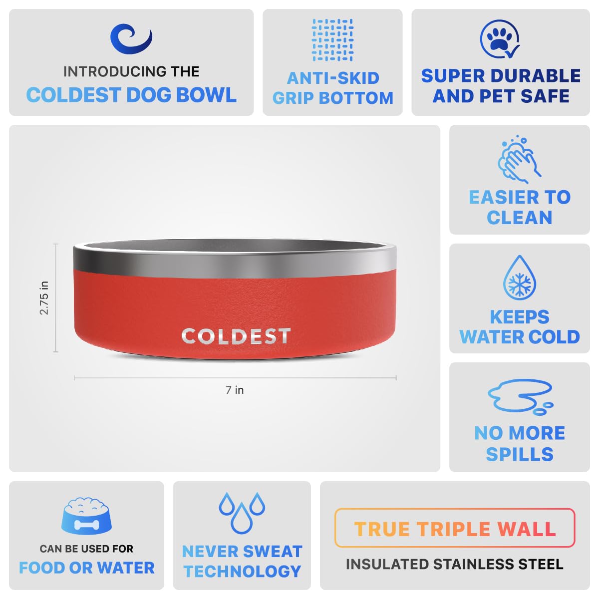 The Coldest Water rust-resistant stainless steel bowl withstands daily use