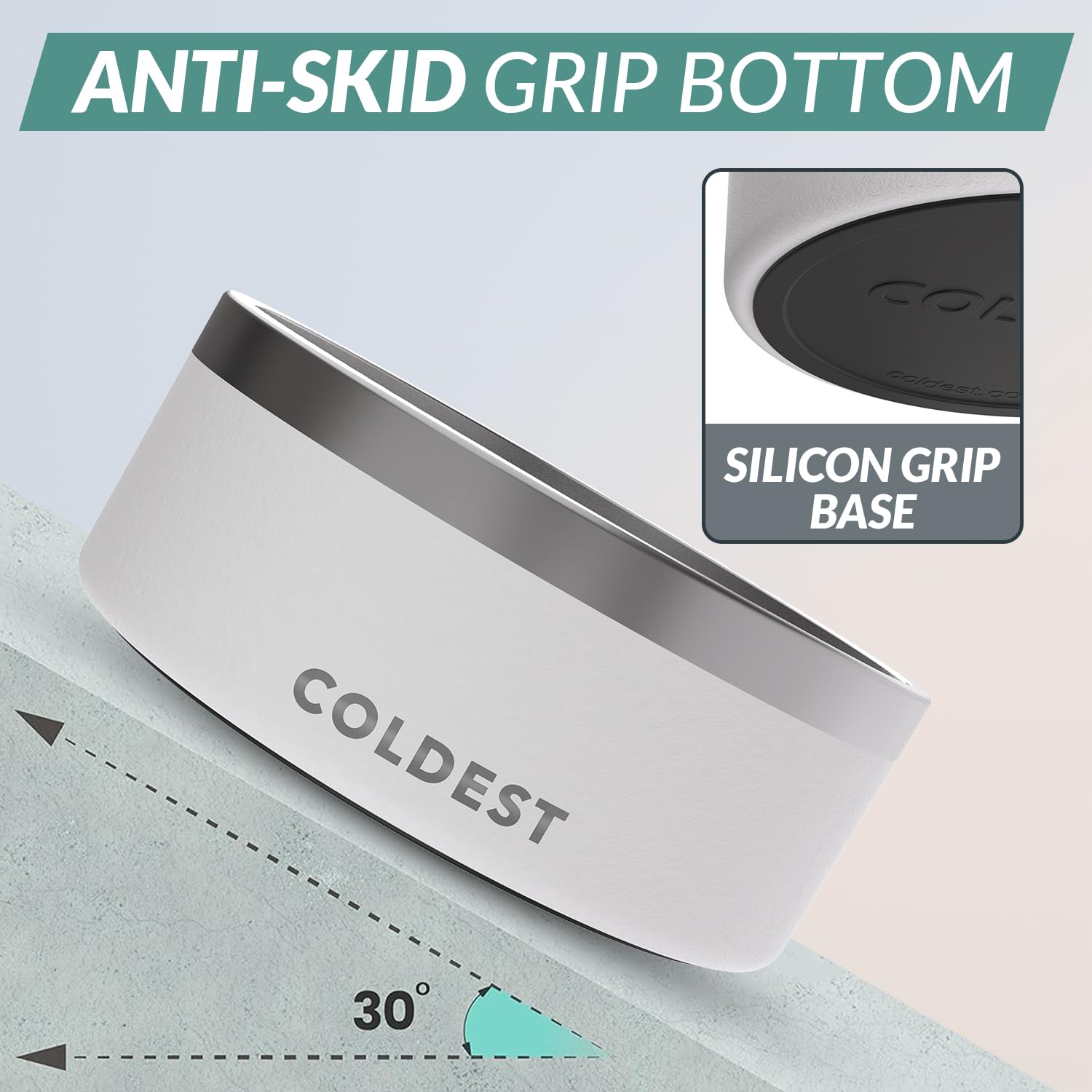 The Coldest Water triple-wall insulation dog bowl, built for durability against chewing.