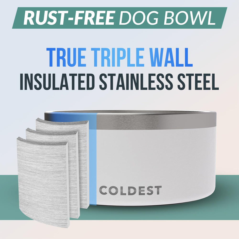 The Coldest Water dog bowl features true triple-wall insulation for cooler water.