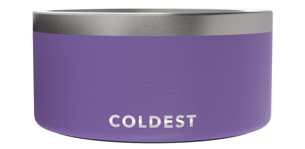 The Coldest Water galaxy purple dog bowl top view highlights durable insulation and spill-free design.