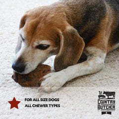 The Country Butcher beef lung dog chew in action during a playful chew