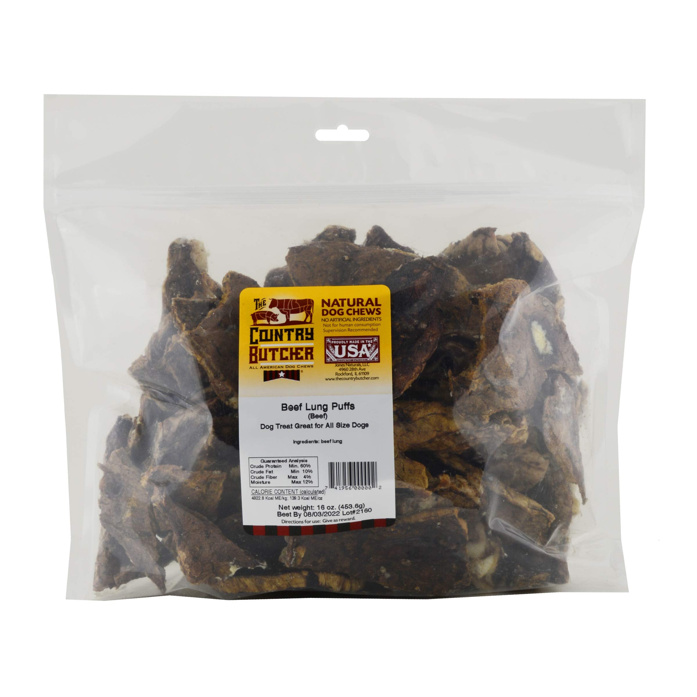 The Country Butcher beef lung treats ingredients closeup highlighting rawhide-free formula