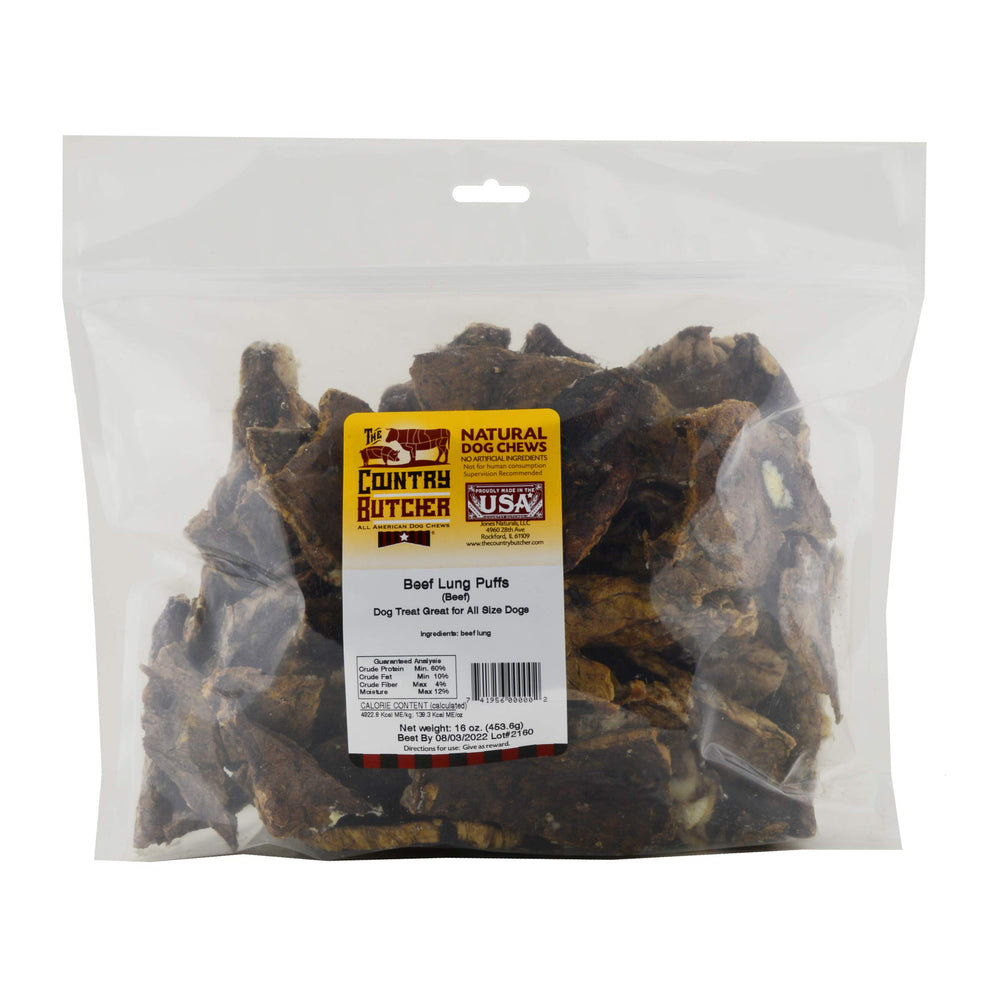 The Country Butcher beef lung treats ingredients closeup highlighting rawhide-free formula