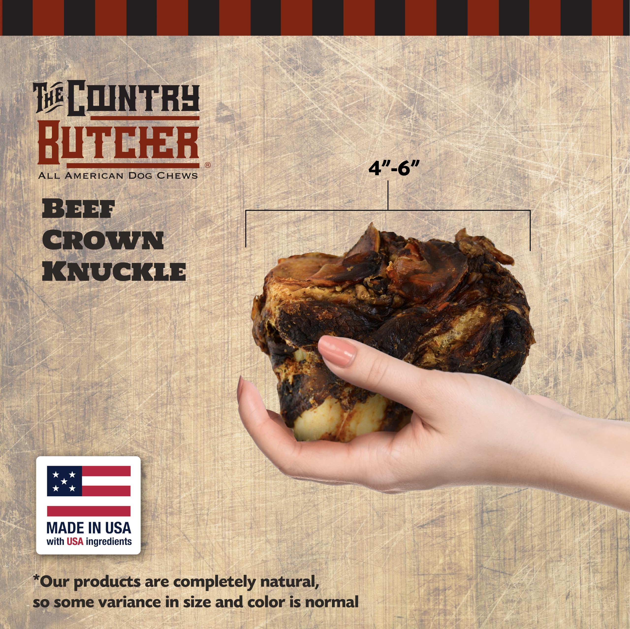 The Country Butcher beef knuckle bones hero shot highlighting long-lasting chew for aggressive chewers.