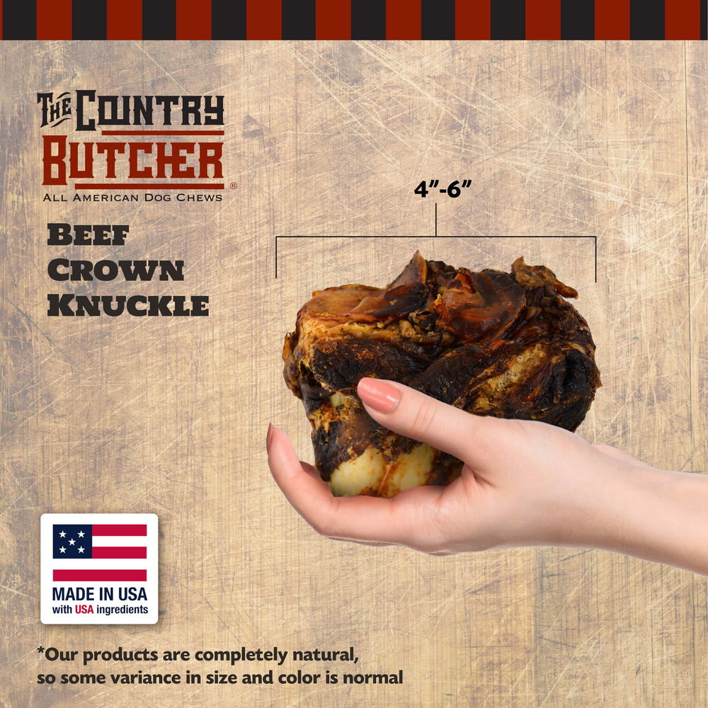 The Country Butcher beef knuckle bones hero shot highlighting long-lasting chew for aggressive chewers.