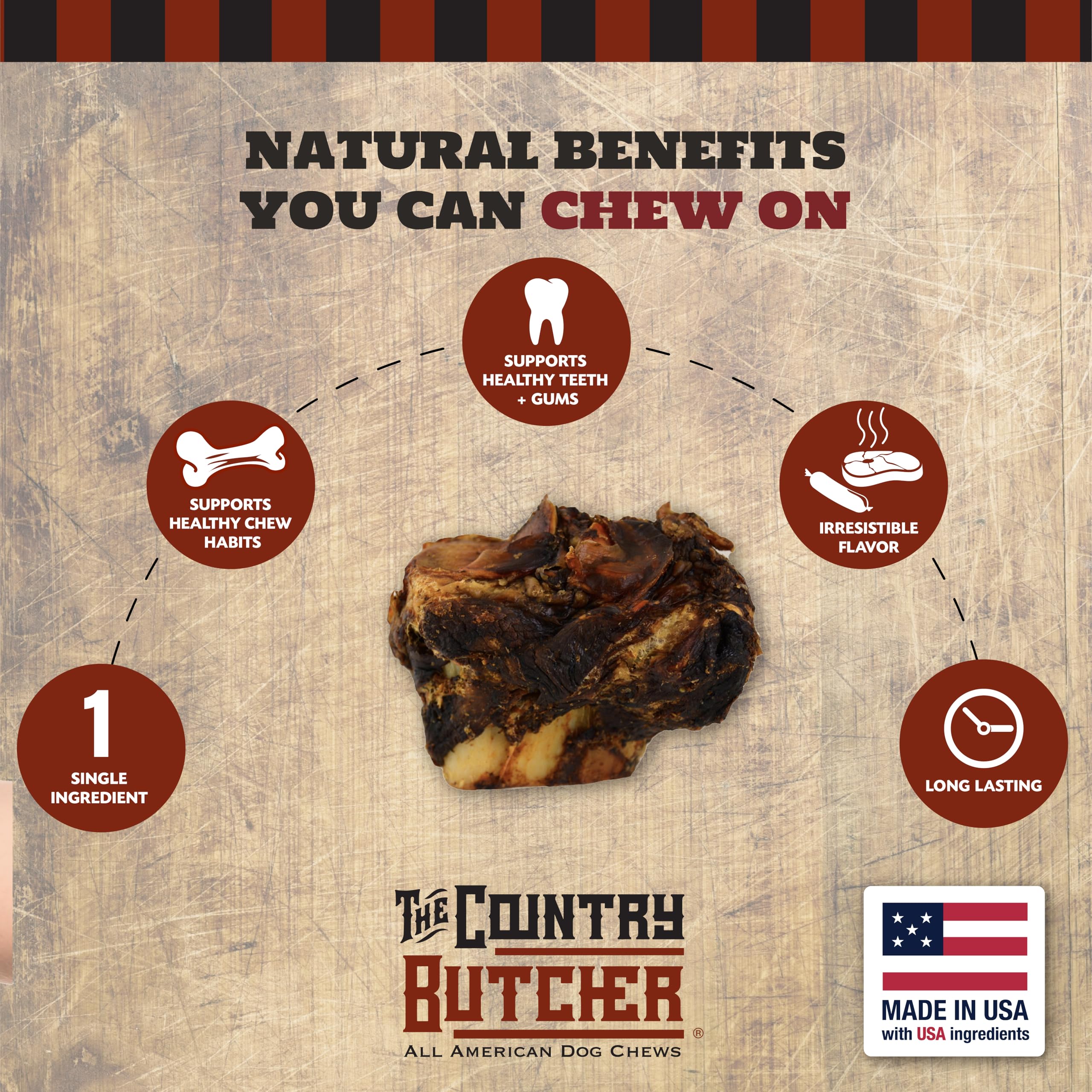 The Country Butcher beef knuckle dog bones on a table for large dogs' satisfying chew.