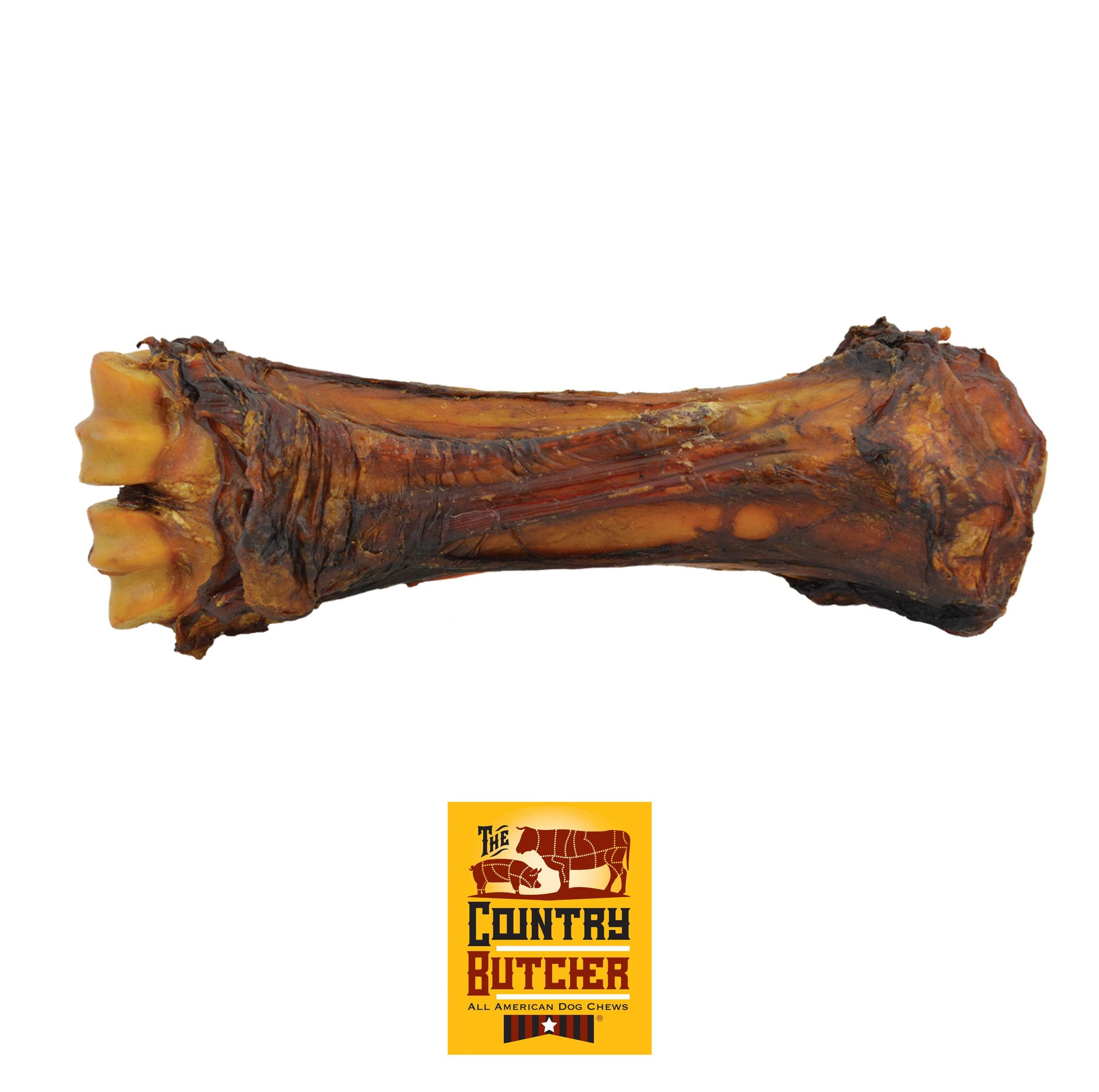 The Country Butcher beef shank bone 8-10 inch offers a long-lasting chew for large dogs.