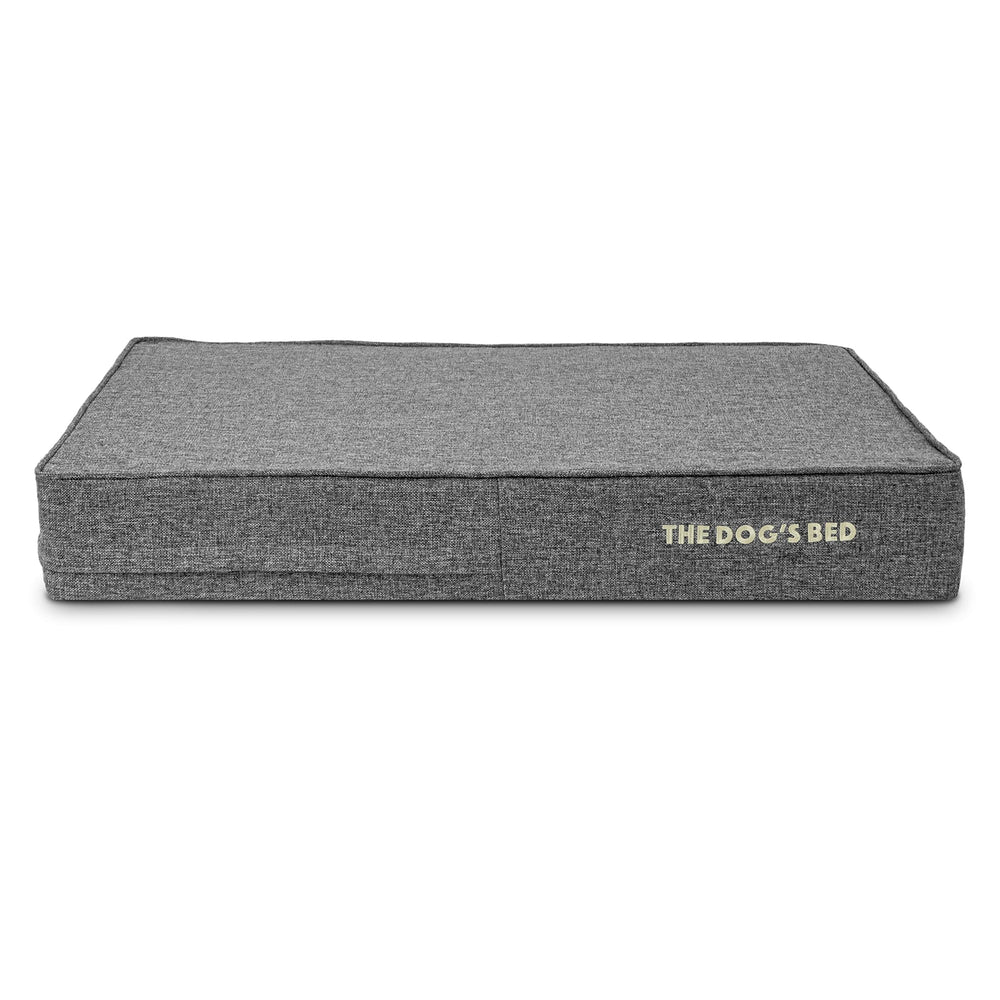 The Dog's Balls replacement outer cover in grey linen shows a secure zipper for easy cleaning.