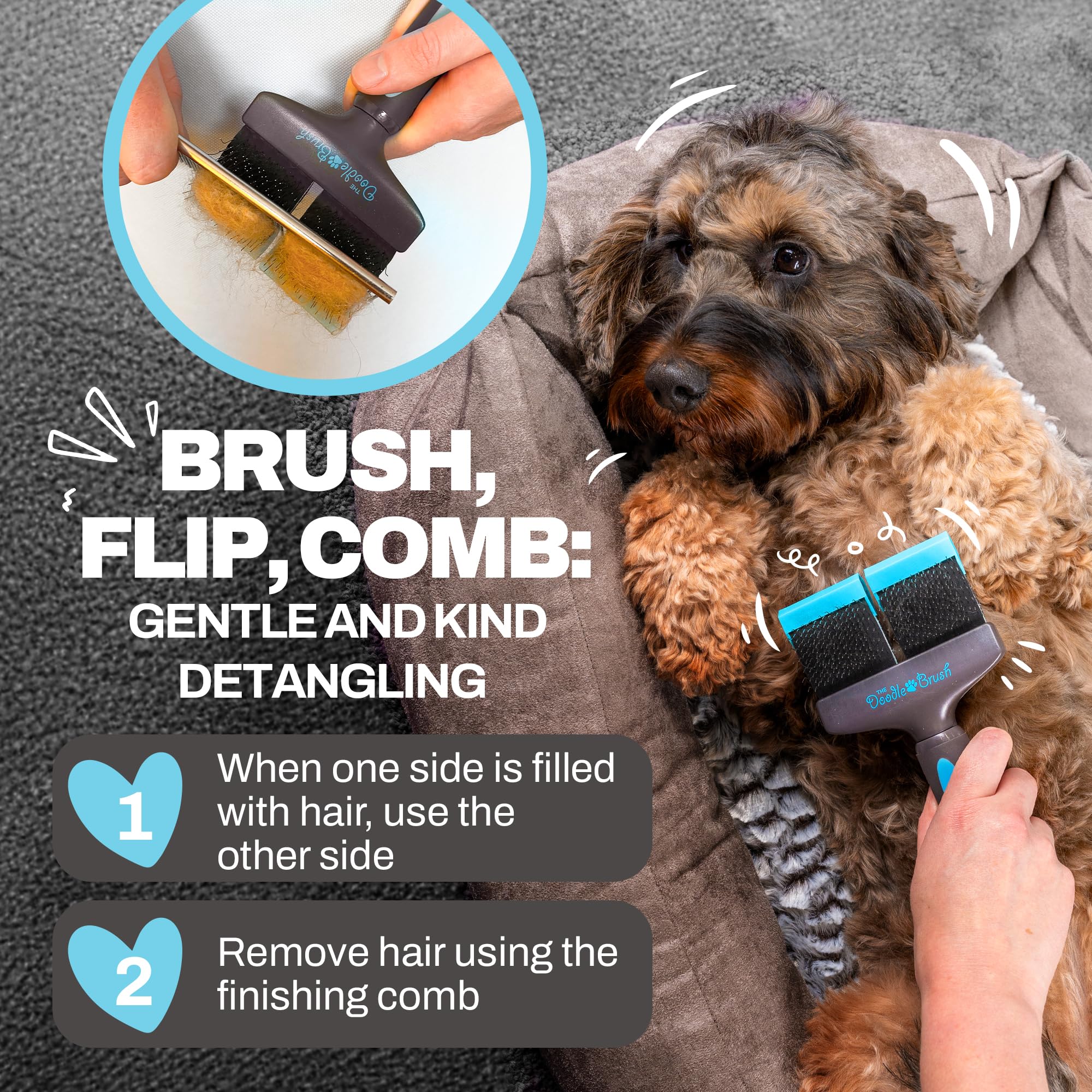 The Doodle Brush painless dematting pins glide through tangles with minimal pulling