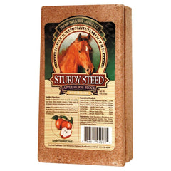 The Evolved Company Sturdy Steed apple mineral block for horses promotes steady mineral intake during rest and work.