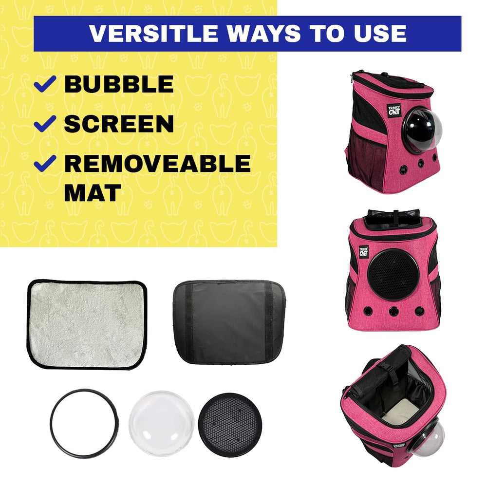 The Fat Cat backpack carrier rose-pink color adds style while keeping your cat secure during travel.