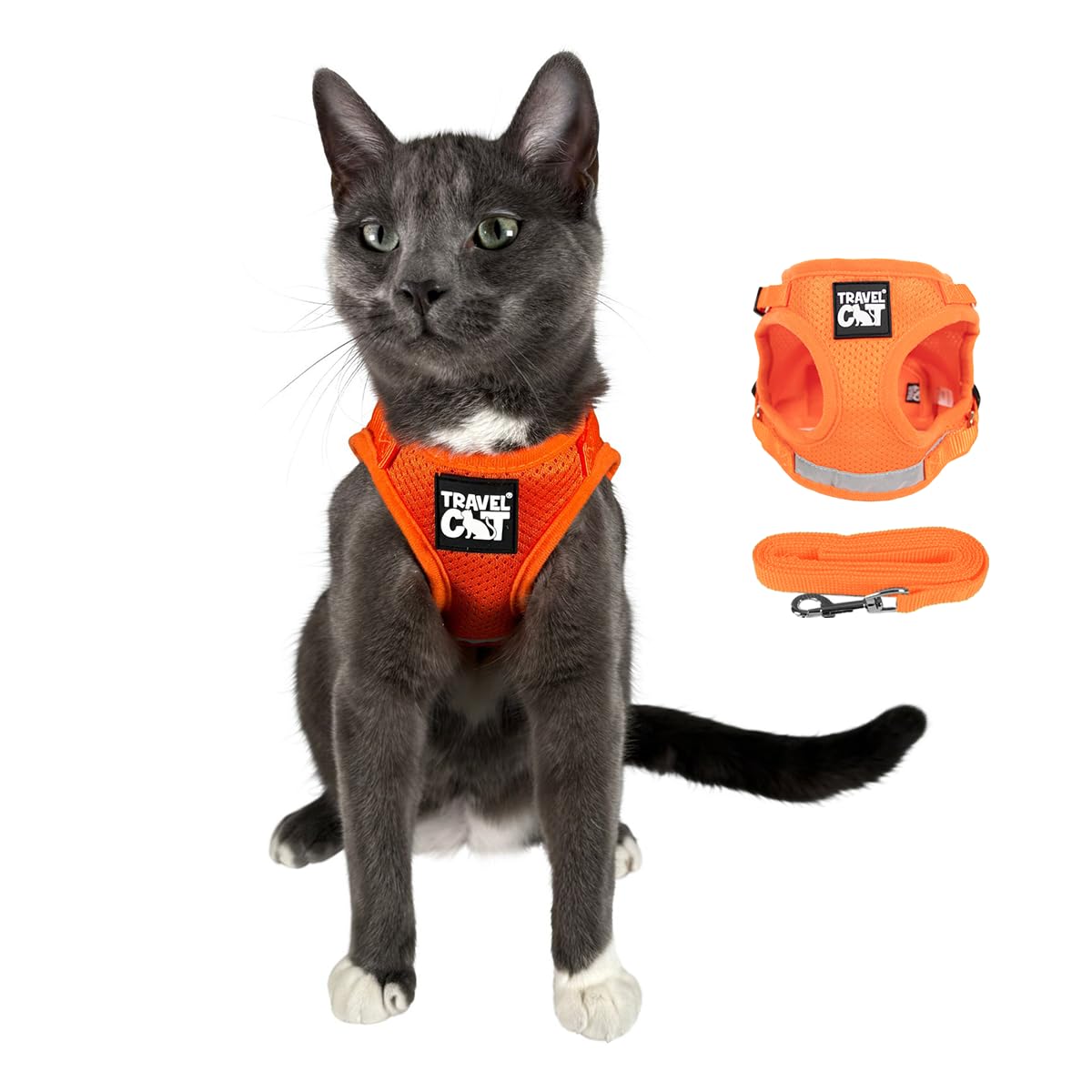 The Fat Cat Travel Cat Harness front view in orange for outdoor comfort.