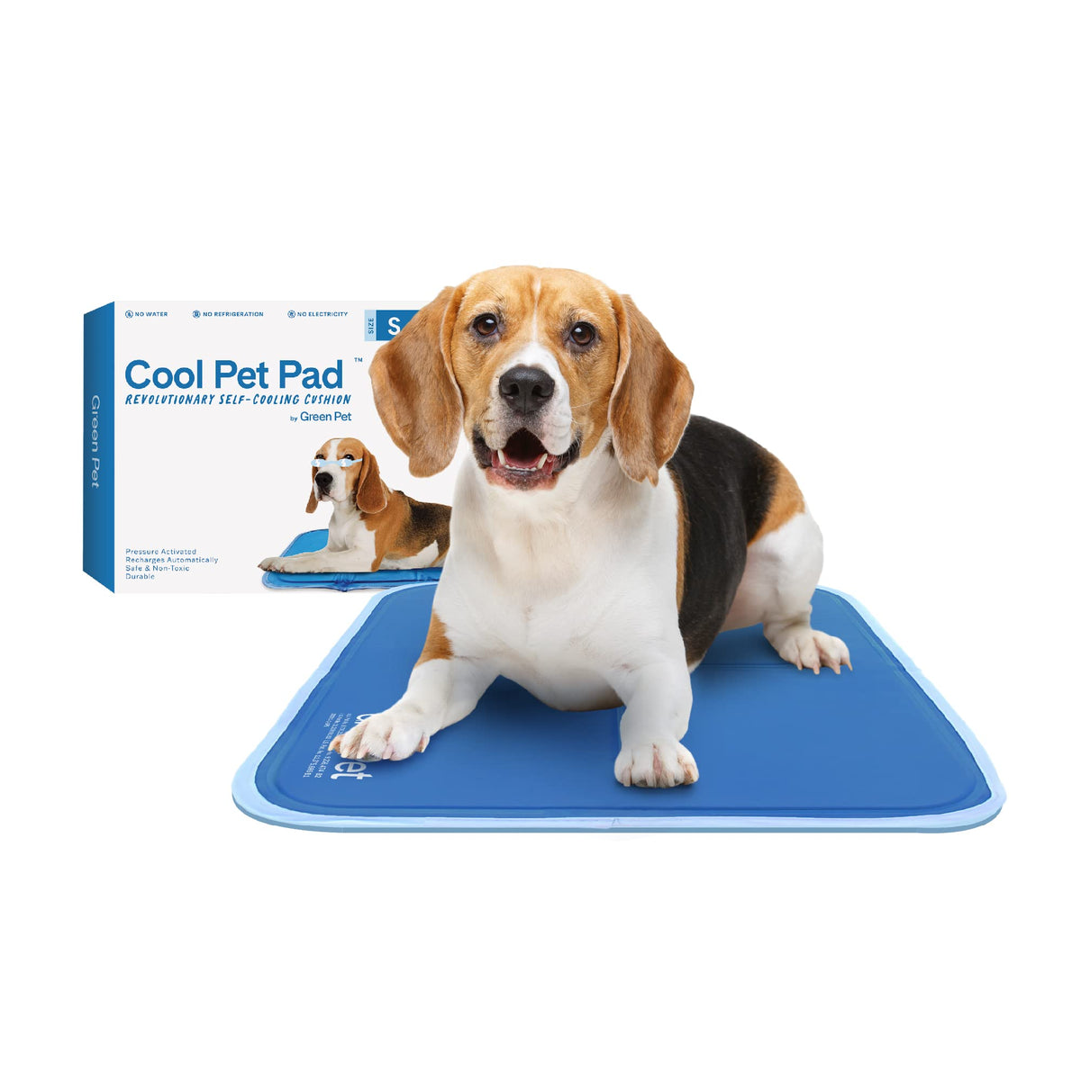 The Green Pet Shop Cool Pet Pad front view in blue provides instant cooling for pets after play.