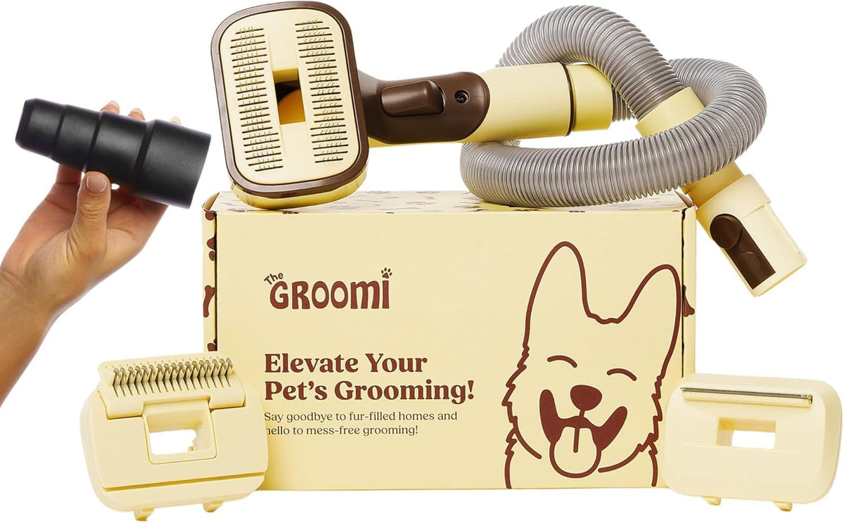 The Groomi Pet Brush Kit all-in-one design improves efficiency for dog and cat grooming.
