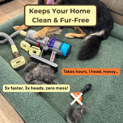 The Groomi self-cleaning trigger releases fur into the vacuum for mess-free grooming.