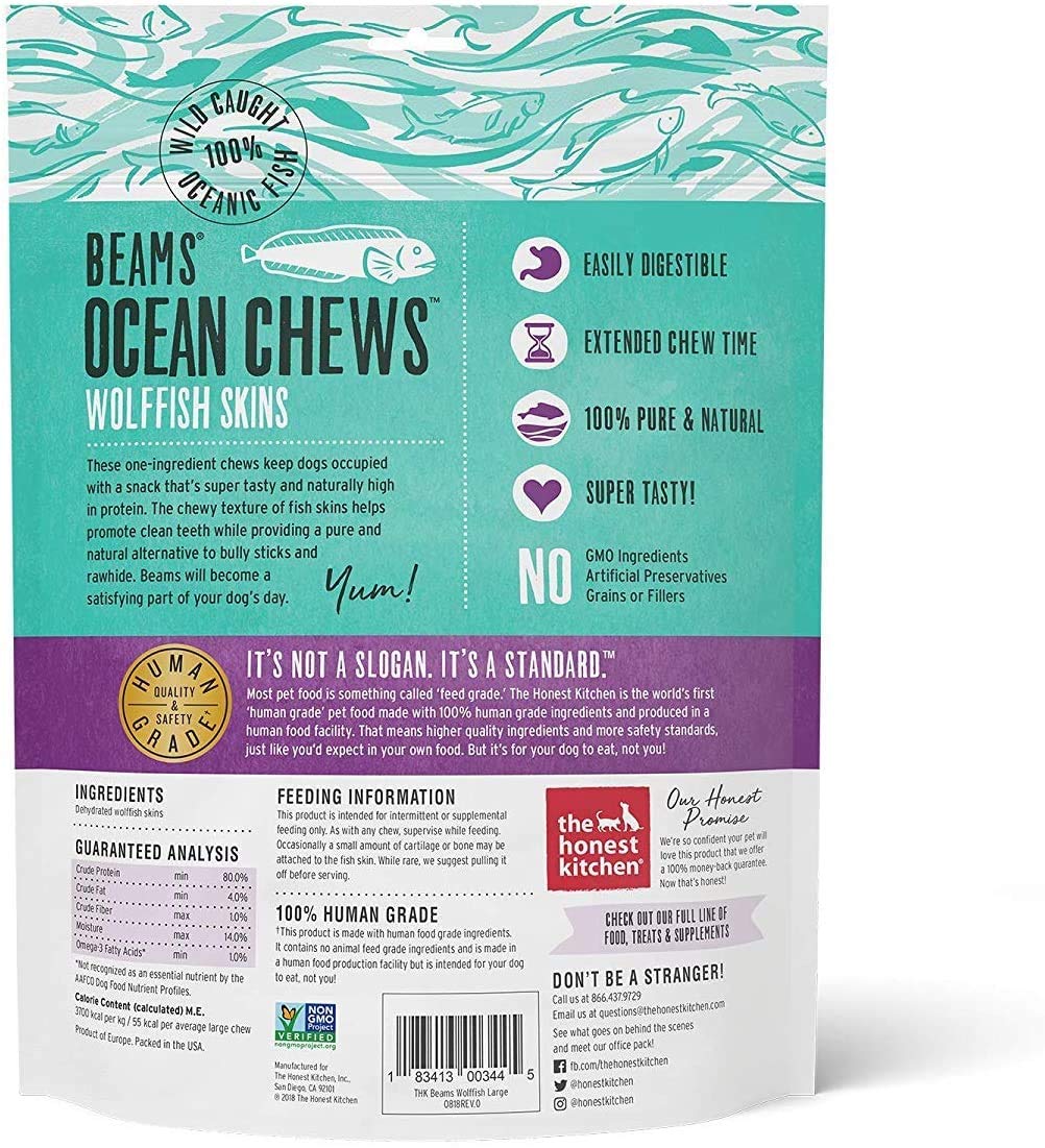 The Honest Kitchen Beams bag open reveals chewy grain-free fish skin treats.