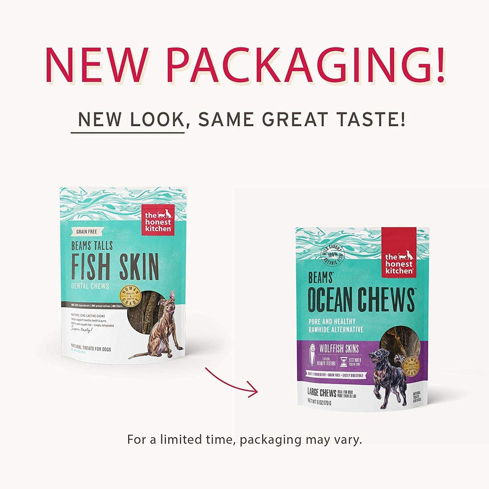 The Honest Kitchen Beams omega-3 rich fish skins emphasize healthy fats for pets.