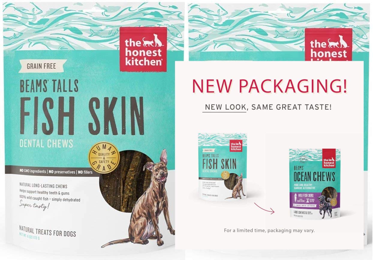 The Honest Kitchen Beams single-ingredient fish skins highlight natural high-protein snacking.