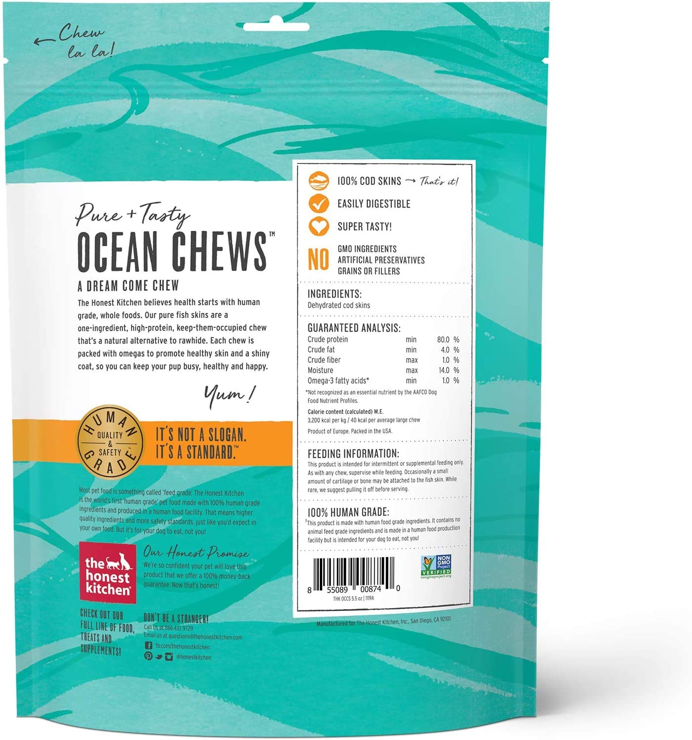 The Honest Kitchen cod skins ocean chews closeup, crunchy texture ideal for satisfying canine chews.