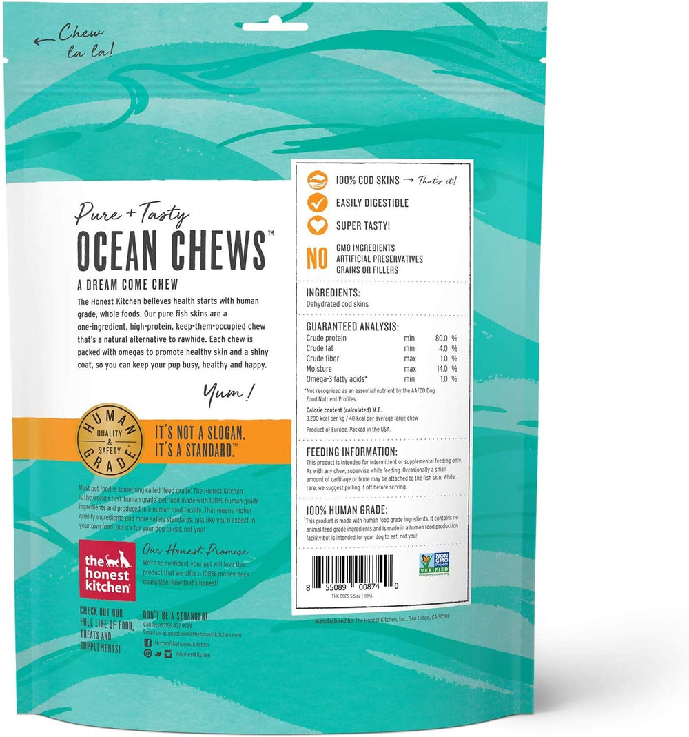 The Honest Kitchen cod skins ocean chews closeup, crunchy texture ideal for satisfying canine chews.