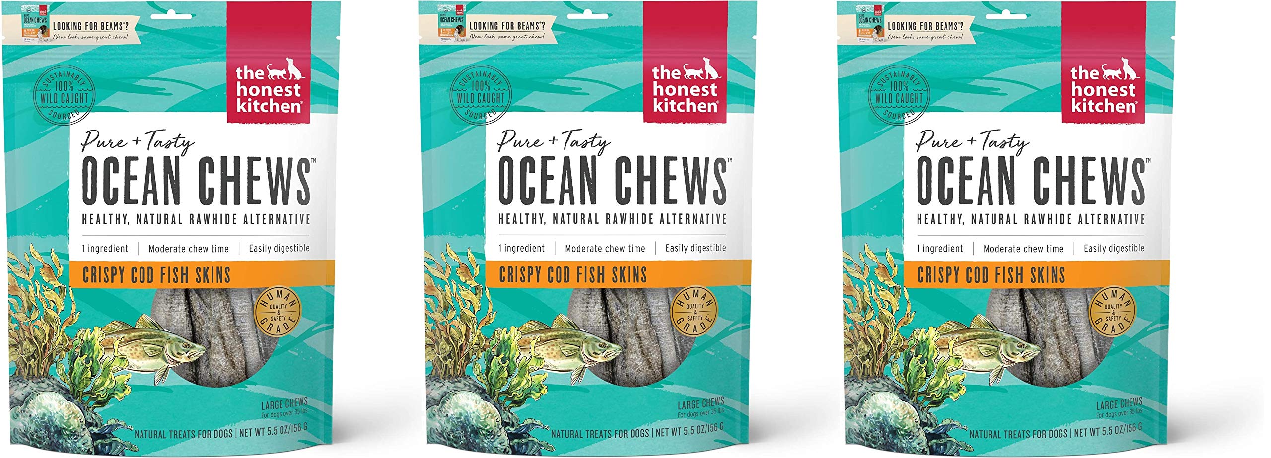 The Honest Kitchen crispy cod skins ocean chews 3-pack, savory dog treats for training rewards.