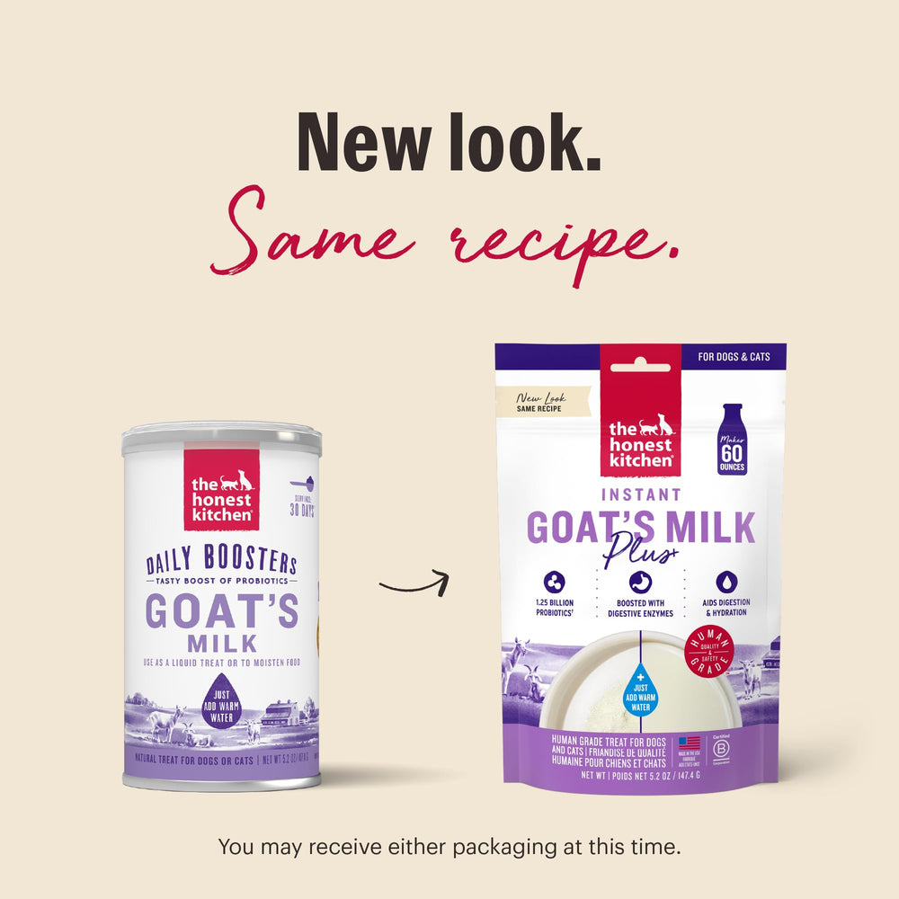 The Honest Kitchen goat-milk powder-pour demonstrates easy mix into meals.