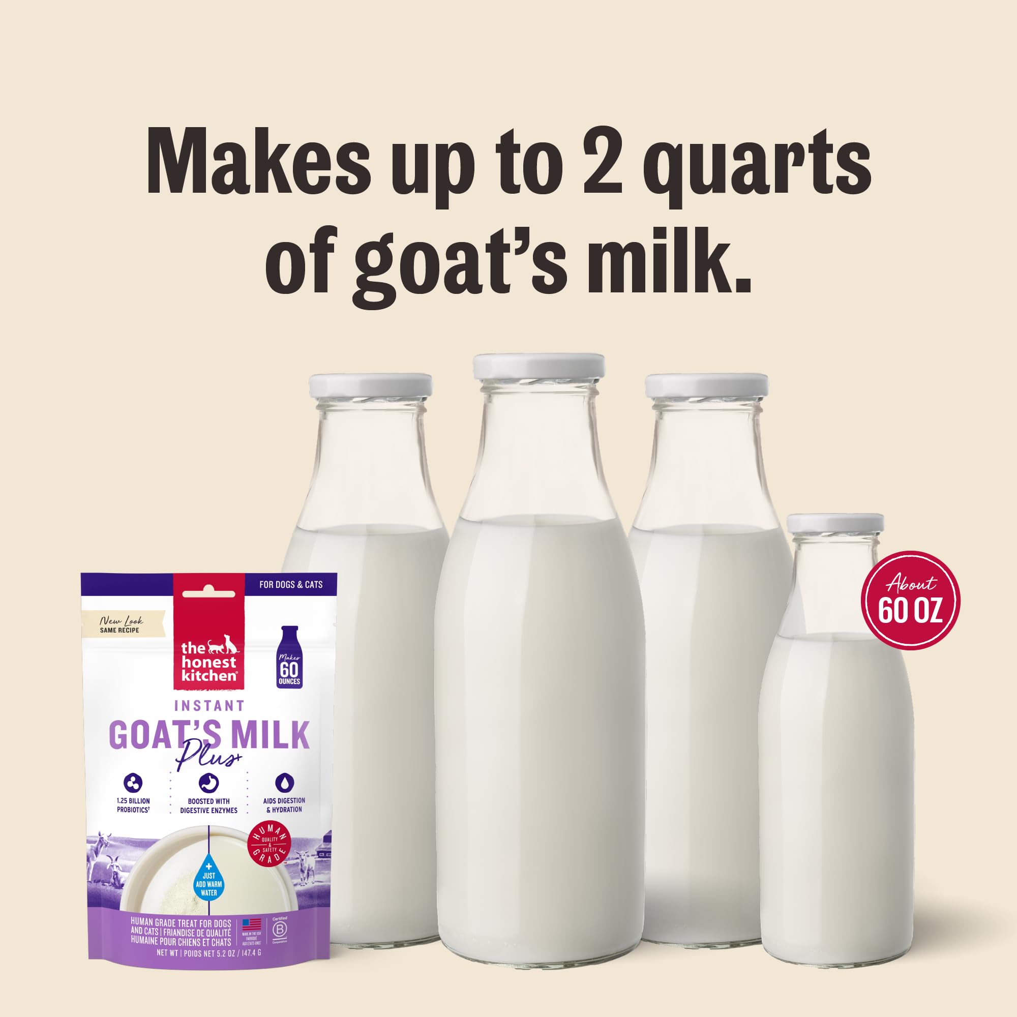 The Honest Kitchen probiotic-goat-milk-closeup highlights 5 billion probiotics.