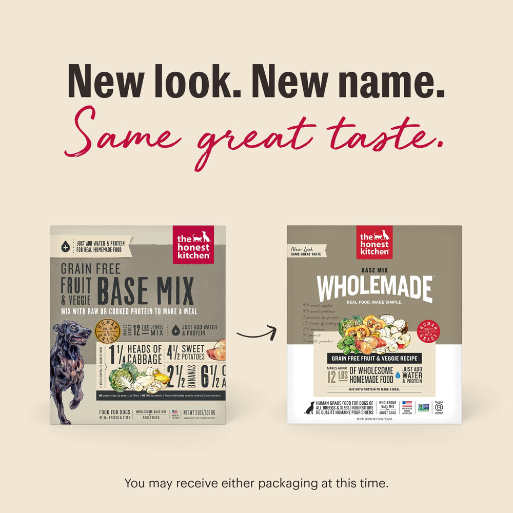 The Honest Kitchen Wholemade base mix dehydrated powder close-up shows nutrient-rich ingredients.